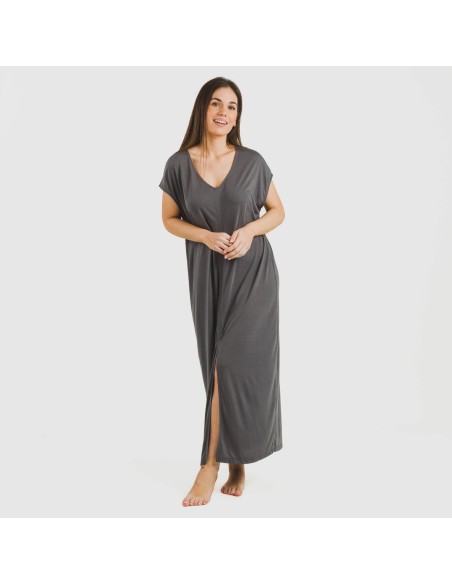 Vestido largo manga fluida viscosa liso Vestido largo manga fluida viscosa liso