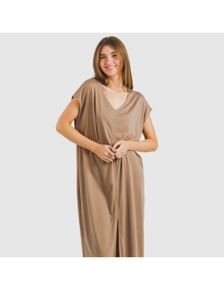 Vestido largo manga fluida viscosa liso Vestido largo manga fluida viscosa liso