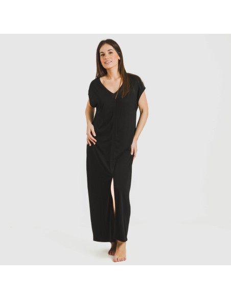 Vestido largo manga fluida viscosa liso Vestido largo manga fluida viscosa liso