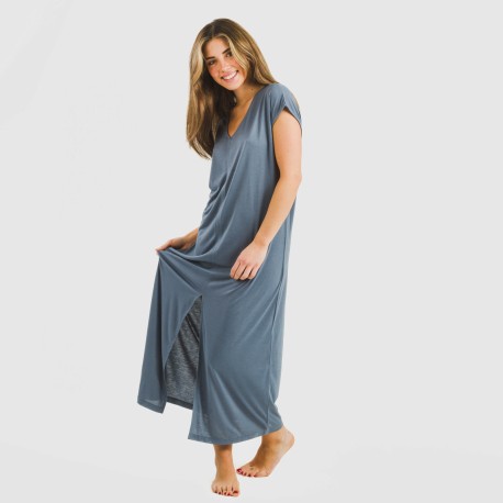 Vestido largo manga fluida viscosa liso