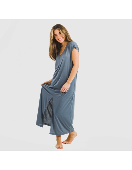 Vestido largo manga fluida viscosa liso Vestido largo manga fluida viscosa liso