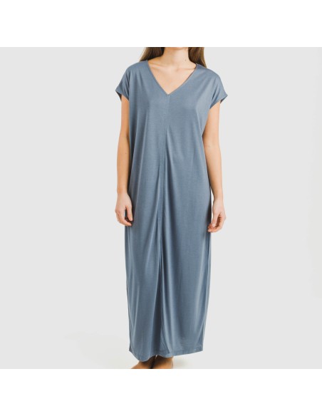 Vestido largo manga fluida viscosa liso Vestido largo manga fluida viscosa liso