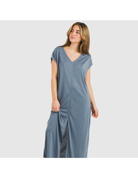 Vestido largo manga fluida viscosa liso Vestido largo manga fluida viscosa liso