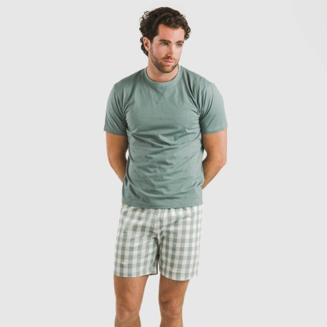 Pijama corto algodón hombre Cuadro Poli verde azulado