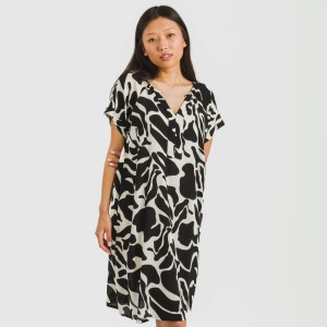 Vestido corto manga fluida viscosa bambula Teudis beige - negro