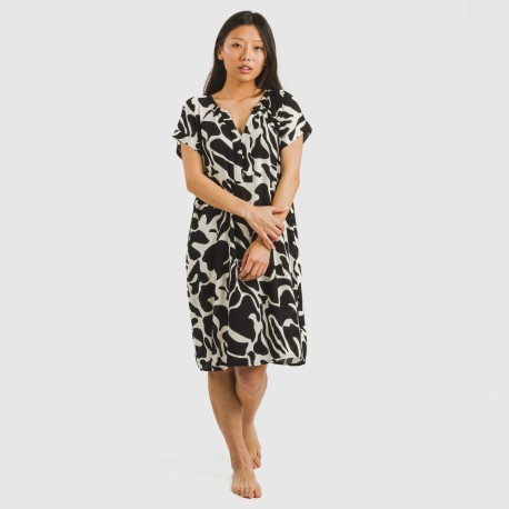 Vestido corto manga fluida viscosa bambula Teudis beige - negro