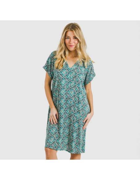 Vestido corto manga fluida viscosa bambula Malura agua marina