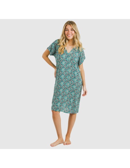 Vestido corto manga fluida viscosa bambula Malura agua marina