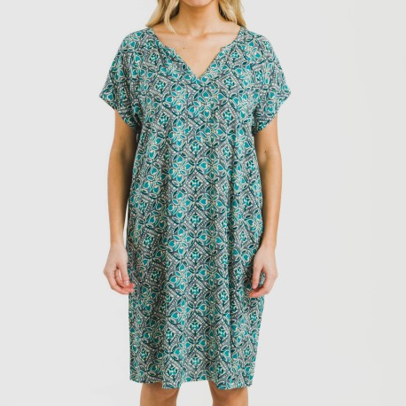 Vestido corto manga fluida viscosa bambula Malura agua marina