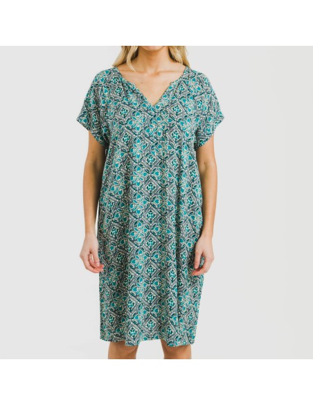 Vestido corto manga fluida viscosa bambula Malura agua marina