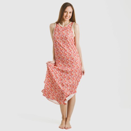 Vestido largo tirantes satén Aries naranja - rosa