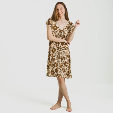 Vestido corto manga fluida crepe Alexis marrón