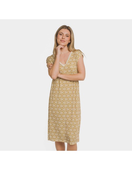 Vestido corto manga fluida soft Virginia ocre Vestido corto manga fluida soft Virginia ocre