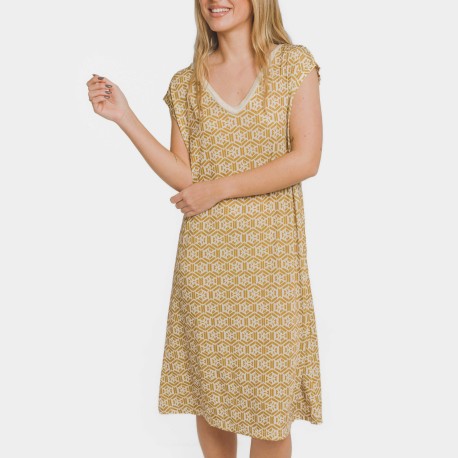 Vestido corto manga fluida soft Virginia ocre
