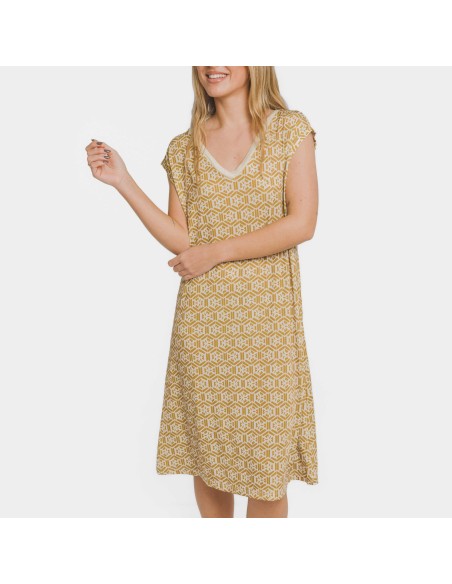 Vestido corto manga fluida soft Virginia ocre Vestido corto manga fluida soft Virginia ocre