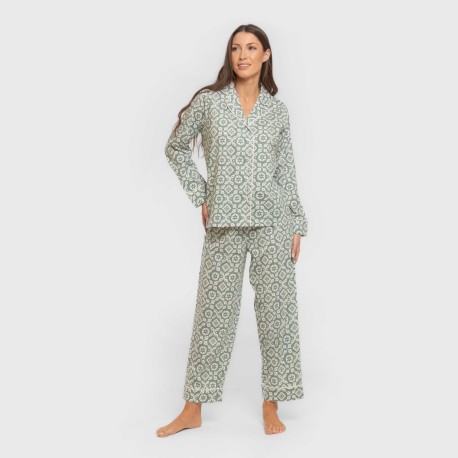 Pijama largo camisero algodón mujer Eugenia verde keike