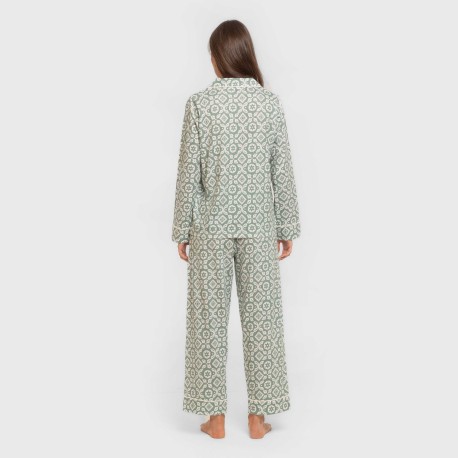 Pijama largo camisero algodón mujer Eugenia verde keike