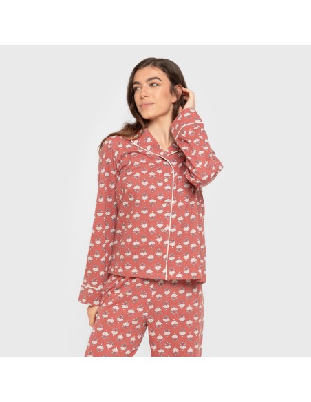 Pijama largo camisero algodón mujer Calendula marsala