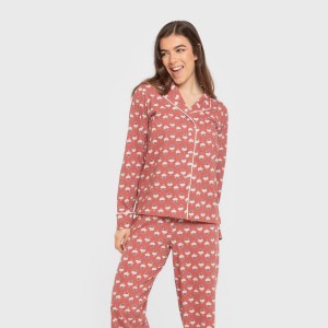 Pijama largo camisero algodón mujer Calendula marsala 2