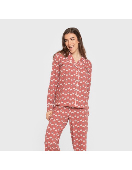 Pijama largo camisero algodón mujer Calendula marsala