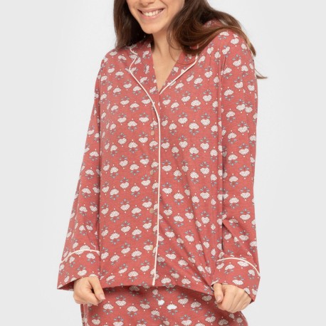 Pijama largo camisero algodón mujer Calendula marsala