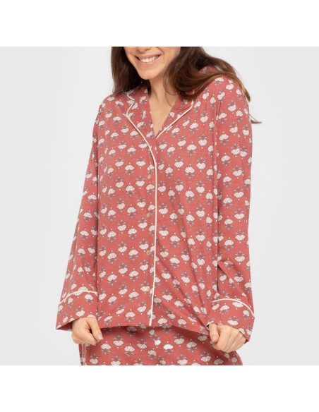 Pijama largo camisero algodón mujer Calendula marsala