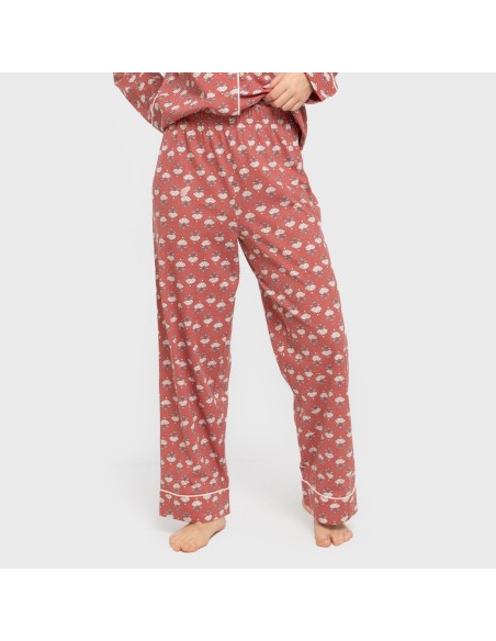 Pijama largo camisero algodón mujer Calendula marsala