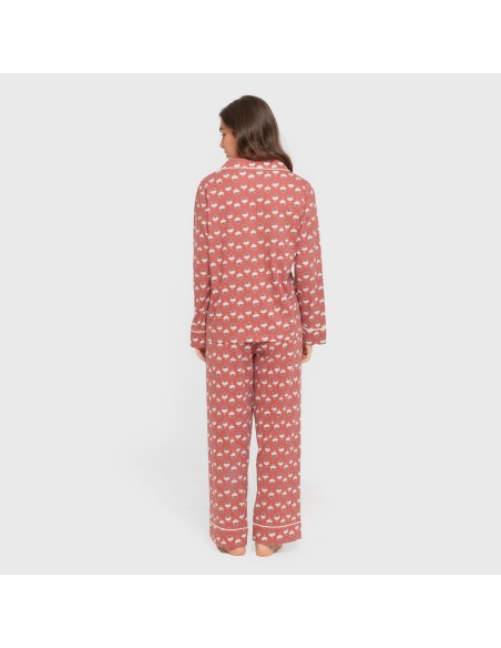 Pijama largo camisero algodón mujer Calendula marsala
