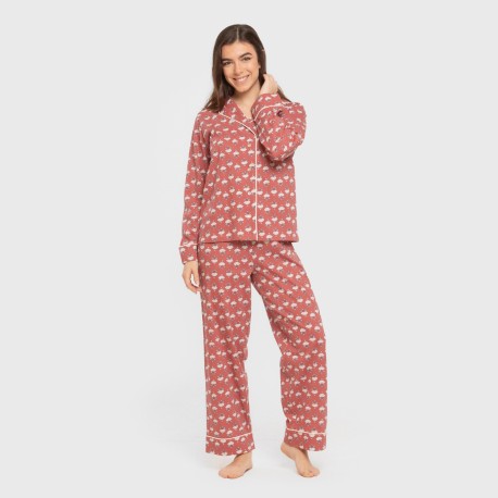 Pijama largo camisero algodón mujer Calendula marsala