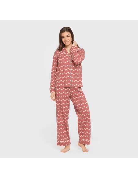 Pijama largo camisero algodón mujer Calendula marsala