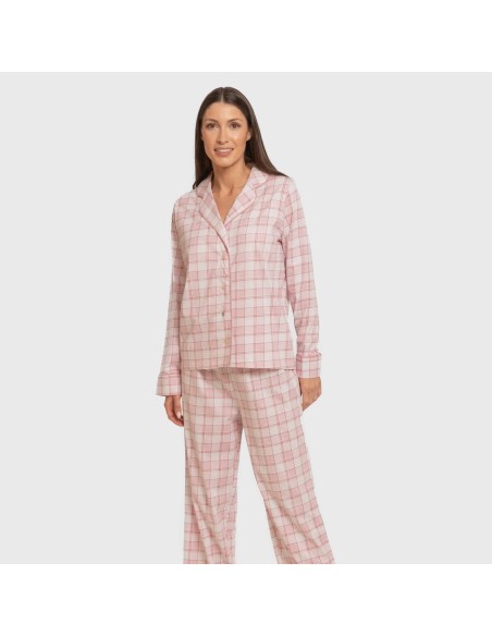 Pijama largo camisero algodón mujer Cuadro Moni rosa Pijama largo camisero algodón mujer Cuadro Moni rosa