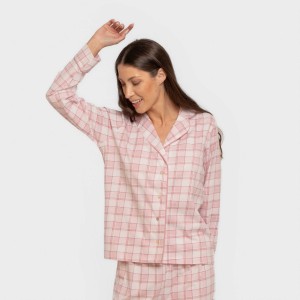 Pijama largo camisero algodón mujer Cuadro Moni rosa 2