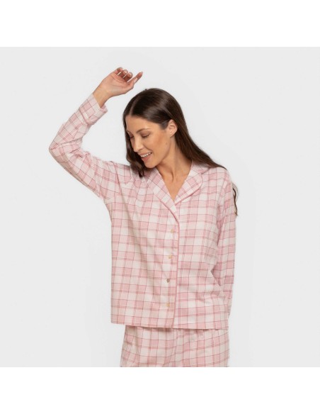 Pijama largo camisero algodón mujer Cuadro Moni rosa Pijama largo camisero algodón mujer Cuadro Moni rosa