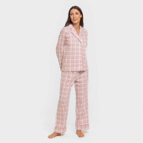 Pijama largo camisero algodón mujer Cuadro Moni rosa