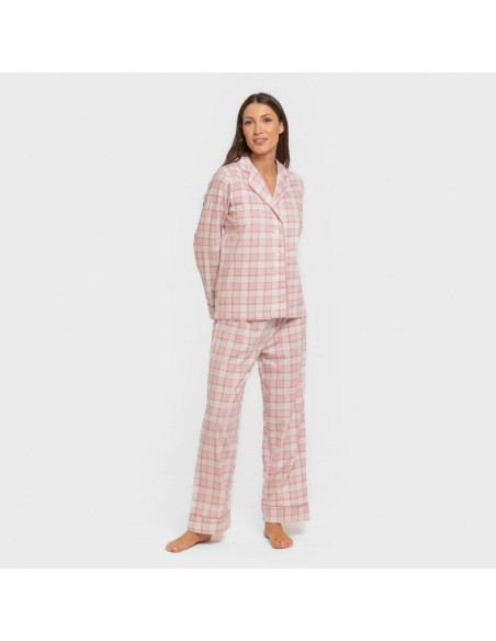 Pijama largo camisero algodón mujer Cuadro Moni rosa Pijama largo camisero algodón mujer Cuadro Moni rosa