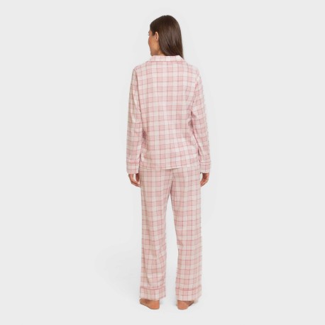 Pijama largo camisero algodón mujer Cuadro Moni rosa