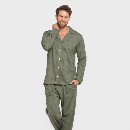 Pijama largo camisero algodón hombre Conde verde caceria