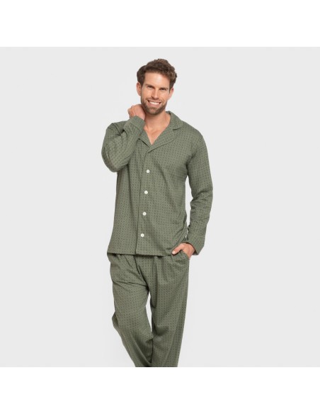 Pijama largo camisero algodón hombre Conde verde caceria