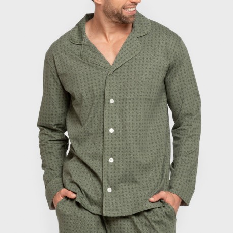 Pijama largo camisero algodón hombre Conde verde caceria