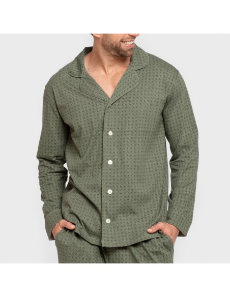 Pijama largo camisero algodón hombre Conde verde caceria
