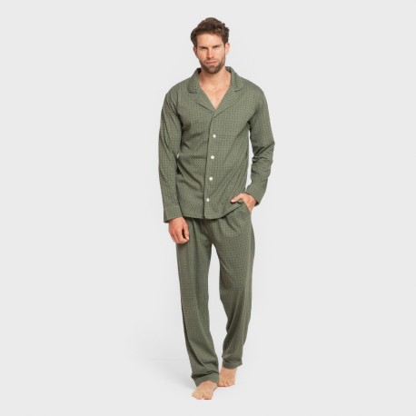 Pijama largo camisero algodón hombre Conde verde caceria