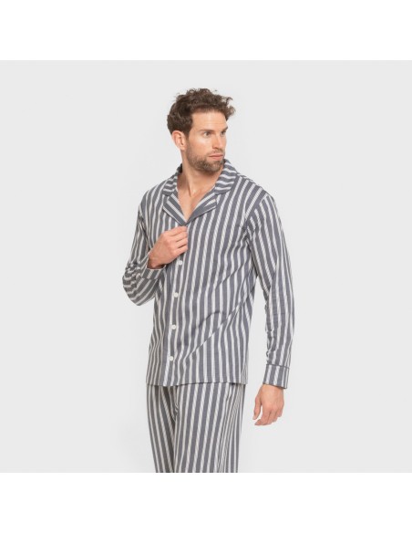 Pijama largo camisero algodón hombre Raya Marsella indigo