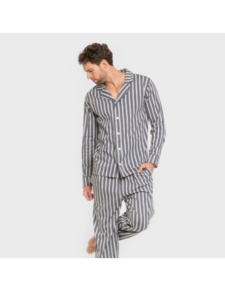 Pijama largo camisero algodón hombre Raya Marsella indigo