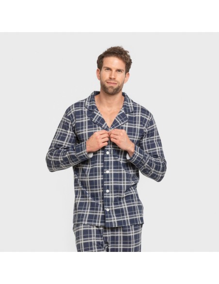 Pijama largo camisero algodón hombre Cuadro Brais azul