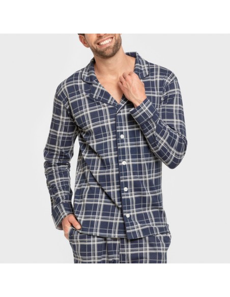 Pijama largo camisero algodón hombre Cuadro Brais azul