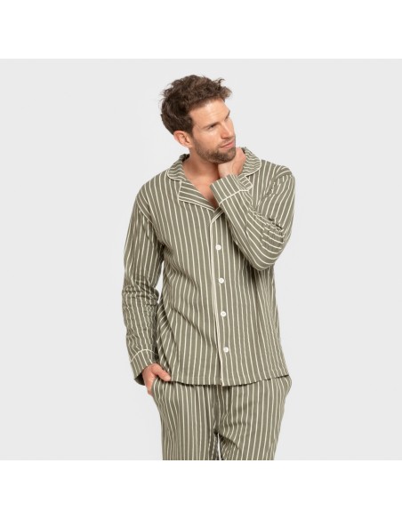 Pijama largo camisero algodón hombre Raya John verde caceria