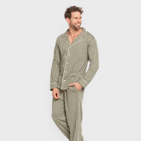 Pijama largo camisero algodón hombre Raya John verde caceria