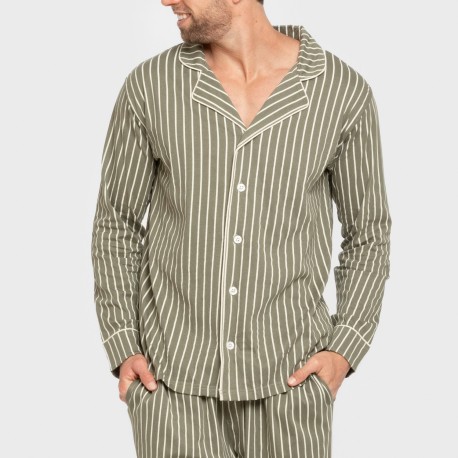 Pijama largo camisero algodón hombre Raya John verde caceria