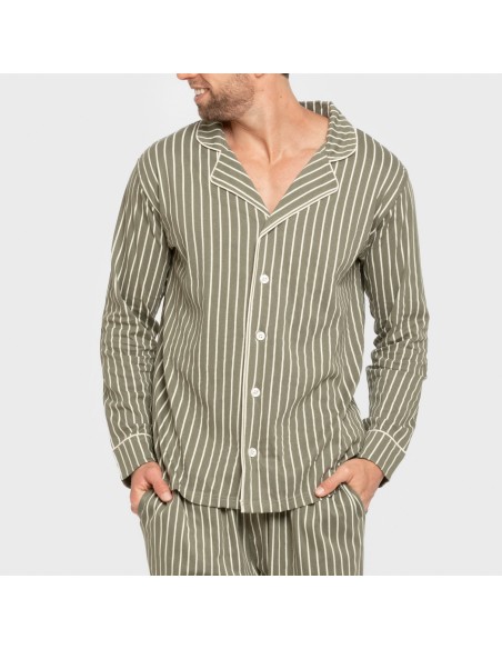 Pijama largo camisero algodón hombre Raya John verde caceria