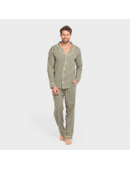 Pijama largo camisero algodón hombre Raya John verde caceria